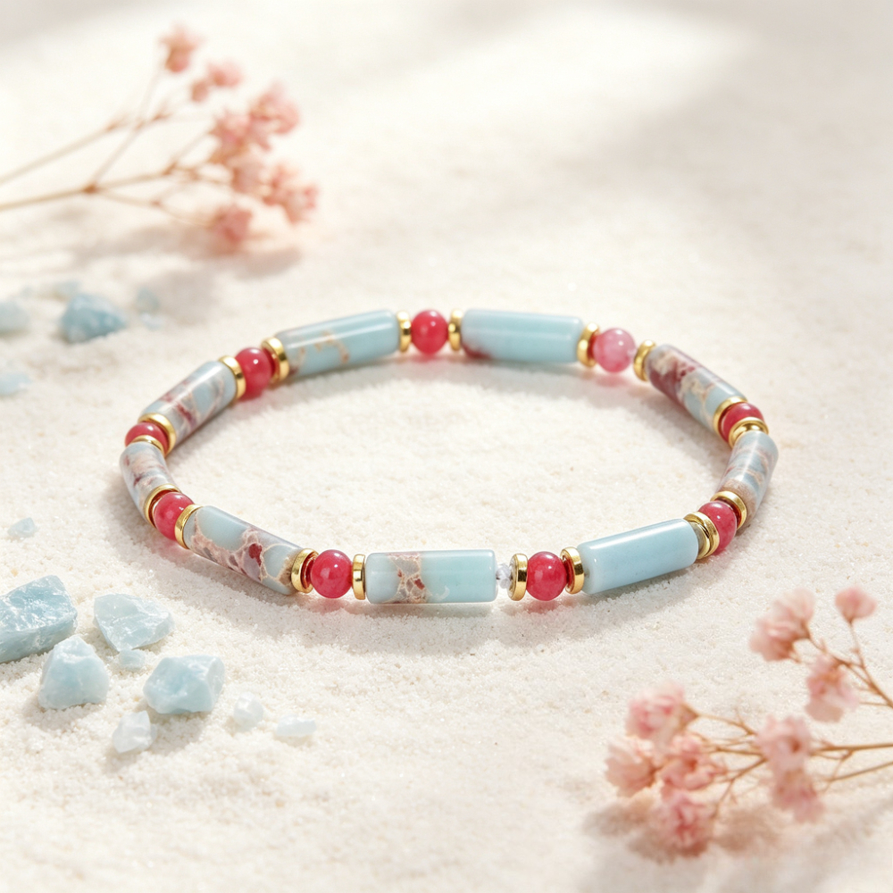 Natural Shoushan Stone & Rhodonite Cylinder Beaded Bracelet, Peaceful Mind